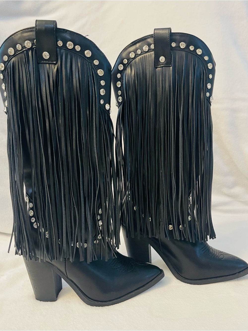 Forever 21 Black Fringe Studded Western High Heel Boots